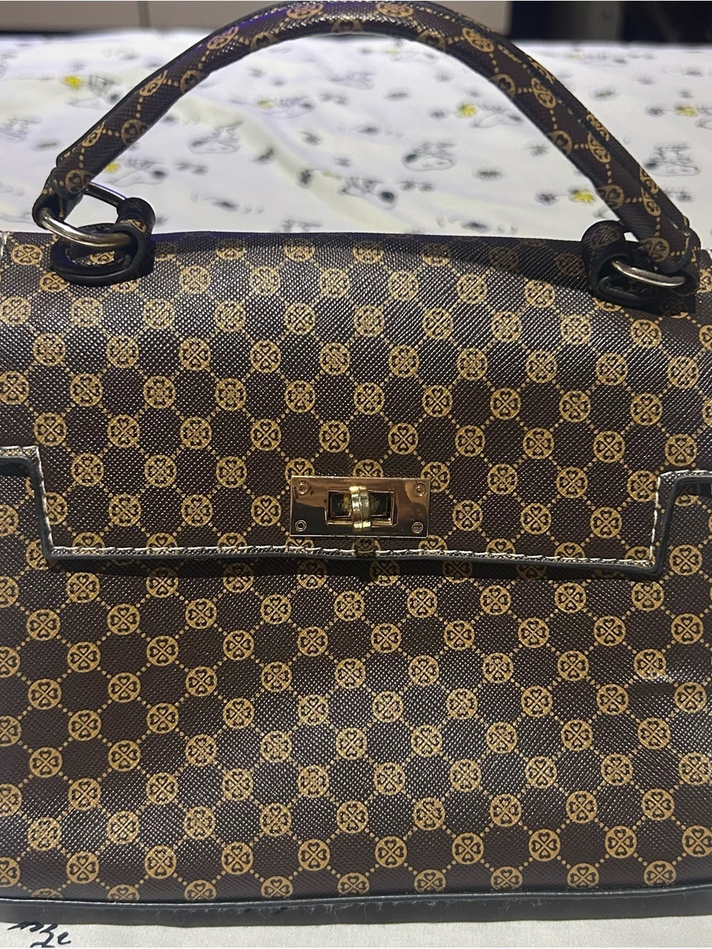 SHEIN Brown Patterned Top-Handle Bag with Gold Hardware